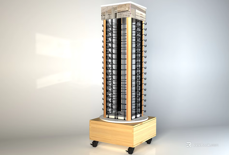 Vertical Display Shelf With Metal Frame Multiple Layers And Wooden Base On Wheels 3d model 