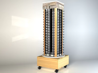 Vertical Display Shelf With Metal Frame Multiple Layers And Wooden Base On Wheels 3d model
