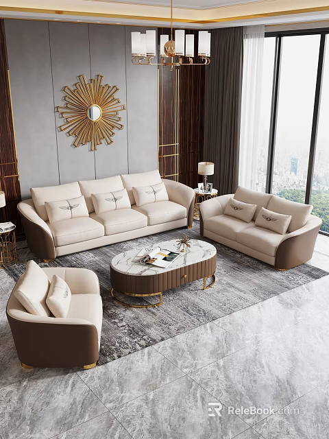 Elegant Beige Sofa Coffee Table Set With Gold Accents In Modern Living Room 3d model 