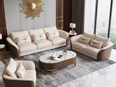 Elegant Beige Sofa Coffee Table Set With Gold Accents In Modern Living Room 3d model