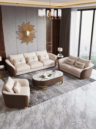 Elegant Beige Sofa Coffee Table Set With Gold Accents In Modern Living Room 3d model