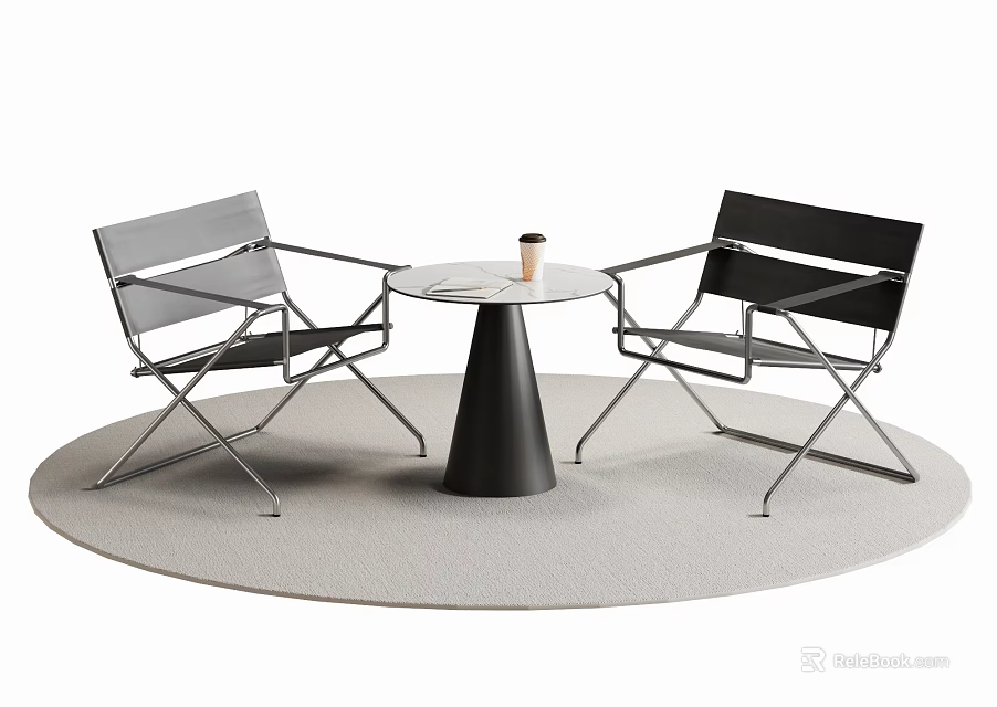 Modern Round Table With Metal Frame Chairs And Coffee Cup On Round Rug 3d model 