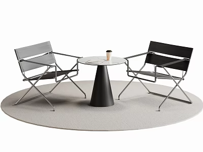 Modern Round Table With Metal Frame Chairs And Coffee Cup On Round Rug 3d model