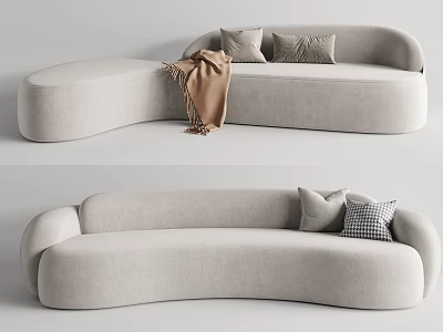 Modern Curved Sectional Sofa With Light Beige Upholstery Soft Pillows And Cozy Blanket 3d model