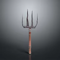 Ancient Trident Weapon With Detailed Metal Prongs And Sturdy Wooden Handle