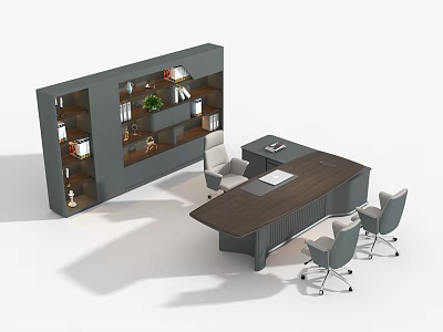 Modern Office Desk With Wooden Top And Gray Chairs Near Bookshelf With Books And Plant 3d model