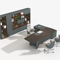 Modern Office Desk With Wooden Top And Gray Chairs Near Bookshelf With Books And Plant