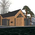Modern Detached House With Wooden Exterior Large Windows And Waterfront Snowy Landscape Trees
