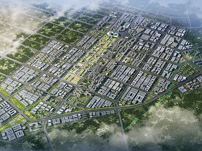 Aerial Urban Master Plan With Grid Road Network Buildings And Green Spaces 3d model