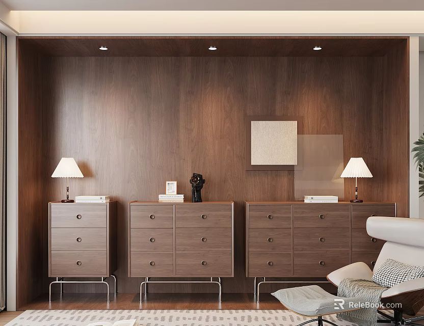 Modern Wooden Entryway Console Cabinet And Side Cabinet With Table Lamp Mirror And Rug 3d model 