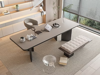 Modern Minimalist Desk With Laptop Mug Crystal Decor Chair Bench Shelf Window And Plant 3d model