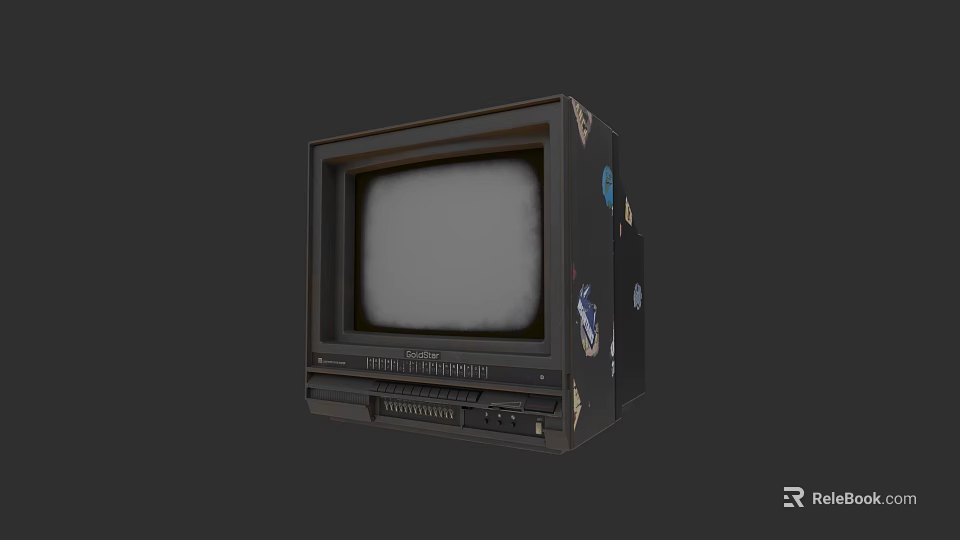 Vintage Black CRT Television With White Display Screen And Decorative Side Stickers 3d model 