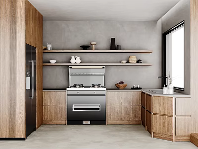 Modern Kitchen Interior With Wooden Cabinets Gray Walls Black Oven And Shelves 3d model