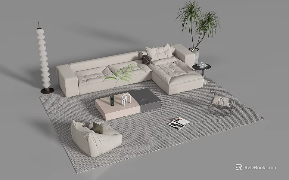 Modern Minimalist Living Room Sofa And Coffee Table Set With Rug Plant And Armchair 3d model 