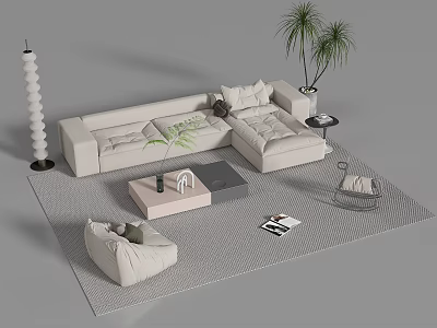 Modern Minimalist Living Room Sofa And Coffee Table Set With Rug Plant And Armchair 3d model
