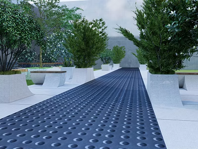 White Concrete Tree Planters With Green Trees And Black Perforated Walkway 3d model