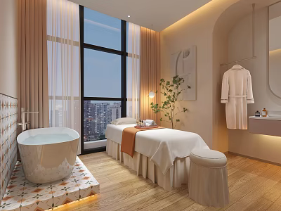 Luxury Beauty Spa Room With Massage Bed Bathtub Robe And City View Through Large Window 3d model