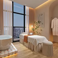 Luxury Beauty Spa Room With Massage Bed Bathtub Robe And City View Through Large Window