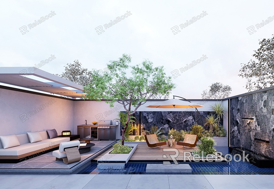 Modern courtyard garden flowing water view wall flower pool sofa wood floor model