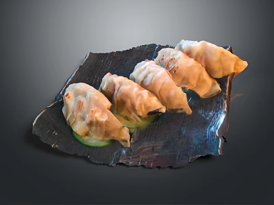 Delicious Steamed Dumplings Arranged On Dark Plate With Fresh Cucumber Slices 3d model