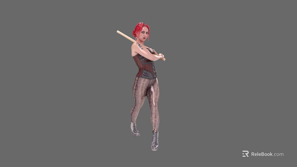 Woman With Red Hair Holding Baseball Bat In Corset Sequined Tights And High Heeled Boots 3d model 