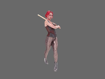 Woman With Red Hair Holding Baseball Bat In Corset Sequined Tights And High Heeled Boots 3d model