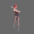 Woman With Red Hair Holding Baseball Bat In Corset Sequined Tights And High Heeled Boots
