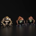 Three Colorful Toads With Detailed Features Posed On Black Background
