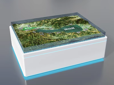 Realistic Sand Table Model Featuring Green Terrain Water Body And LED Lighted Base 3d model