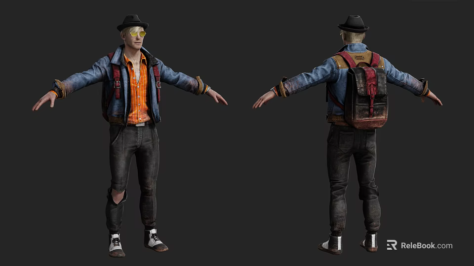 A Man Wearing Denim Jacket Orange Shirt Ripped Jeans Black Hat Backpack And Arms Outstretched 3d model 