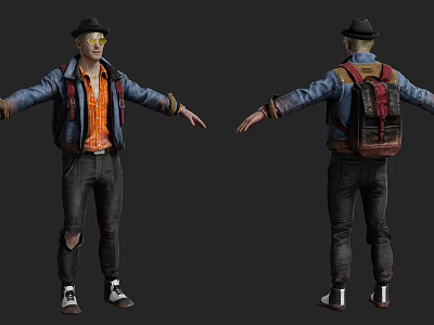 A Man Wearing Denim Jacket Orange Shirt Ripped Jeans Black Hat Backpack And Arms Outstretched 3d model