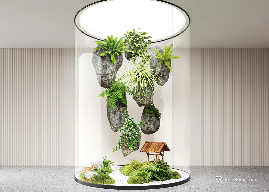 Lush Indoor Landscape With Transparent Cylinder Hanging Rocks Green Plants And Small House Model 3d model 