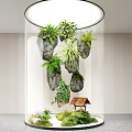 Lush Indoor Landscape With Transparent Cylinder Hanging Rocks Green Plants And Small House Model