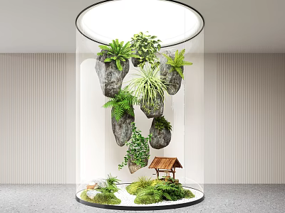 Lush Indoor Landscape With Transparent Cylinder Hanging Rocks Green Plants And Small House Model 3d model
