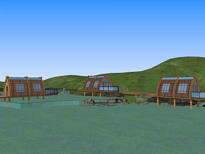Wooden Houses With Large Windows On Green Hills Waterfront And Grassy Area 3d model