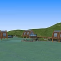 Wooden Houses With Large Windows On Green Hills Waterfront And Grassy Area