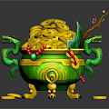 Traditional Green Decorative Container Filled With Gold Coins Dragon Ornaments Red Beads And Plum Branch