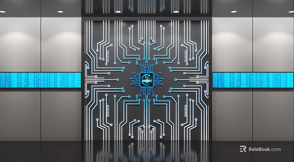 Modern Elevator Door With Circuit Board Pattern Blue Chip White Circuits And Blue Screens 3d model 