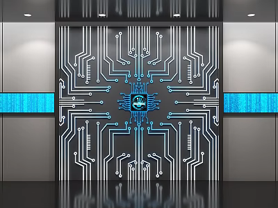 Modern Elevator Door With Circuit Board Pattern Blue Chip White Circuits And Blue Screens 3d model