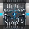 Modern Elevator Door With Circuit Board Pattern Blue Chip White Circuits And Blue Screens