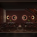 Modern Restaurant Interior With Large Windows City View Decorative Ceiling And Warm Lighting 3d model