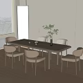 Rectangular Wooden Dining Table Set With Six Beige Chairs And Plant Vase Decoration