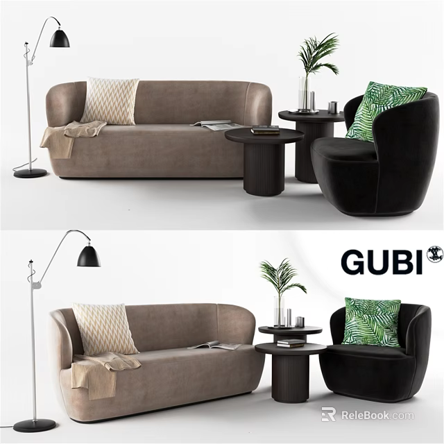 Modern Brown Two Seater Sofa With Black Armchair Decorative Pillows Side Table And Floor Lamp 3d model 