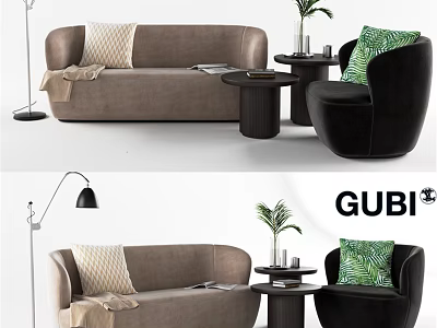 Modern Brown Two Seater Sofa With Black Armchair Decorative Pillows Side Table And Floor Lamp 3d model