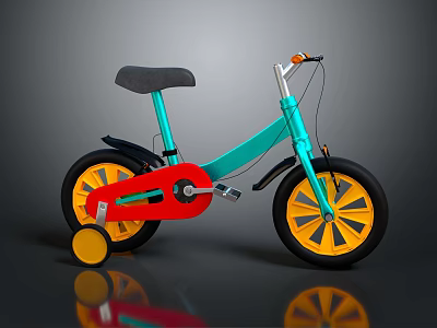 Kids Colorful Bicycle with Blue Frame Red Accents and Yellow Training Wheels 3d model