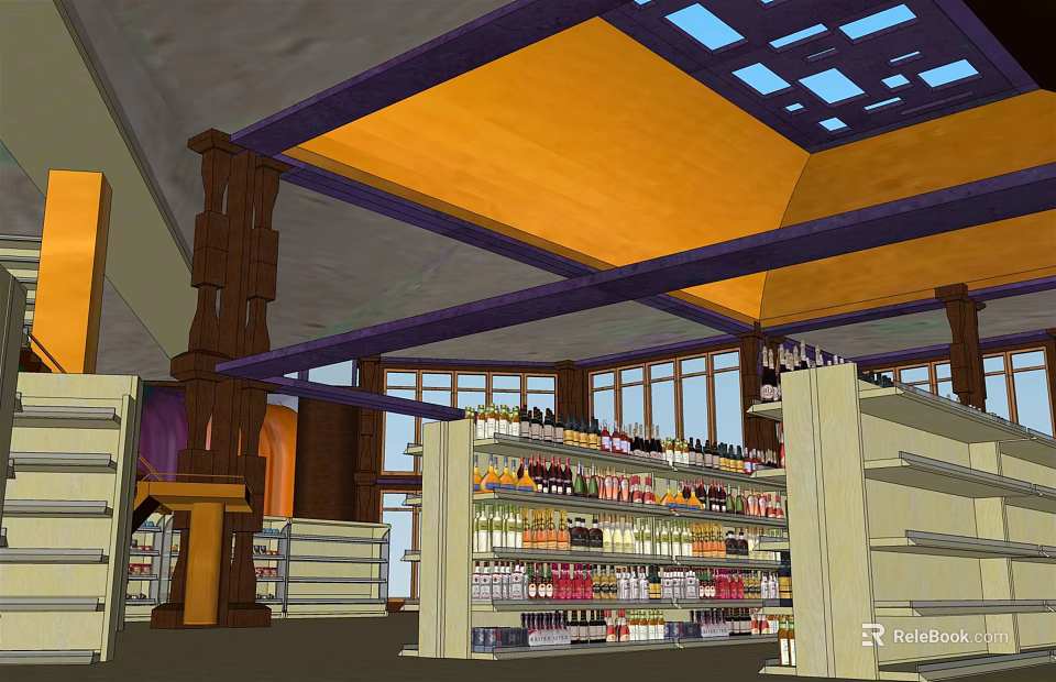 Supermarket Interior With Shelves Stocked With Grocery Products And Orange Ceiling Skylights 3d model 