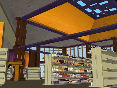 Supermarket Interior With Shelves Stocked With Grocery Products And Orange Ceiling Skylights 3d model