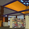 Supermarket Interior With Shelves Stocked With Grocery Products And Orange Ceiling Skylights