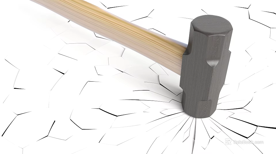 Hardware Tool Hammer With Wooden Handle And Gray Head Breaking Cracked Surface With Surrounding Cracks 3d model 