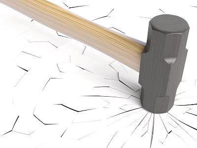 Hardware Tool Hammer With Wooden Handle And Gray Head Breaking Cracked Surface With Surrounding Cracks 3d model